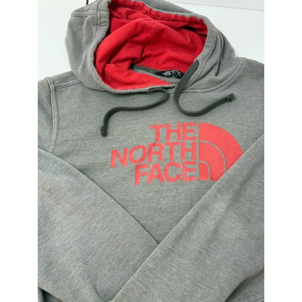 The North Face Men's Hoodie Medium Gray Red Logo Pullover Fleece Sweatshirt